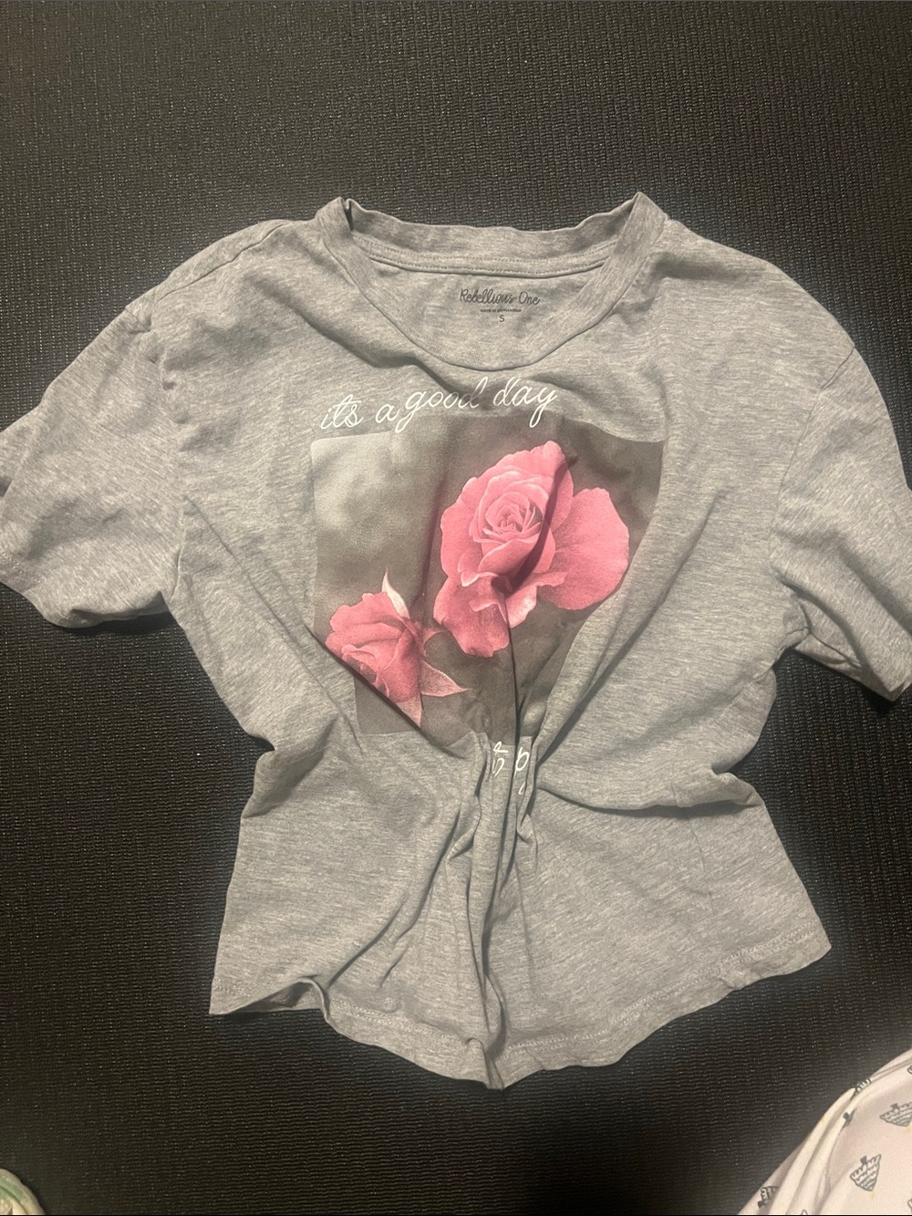 Rebellious One Gray Tee with Pink Rose Print
